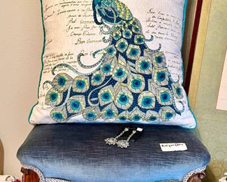 ANTIQUE CHAIR WITH BLUE VELVET SEAT.  SO PRETTY.  MIX WITH CONTEMPORARY PILLOW.