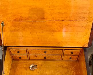 NICE AGING, COLORING OF WOOD.  BURLED WALNUT INTERIOR, SOME CRACKING WITH AGE.