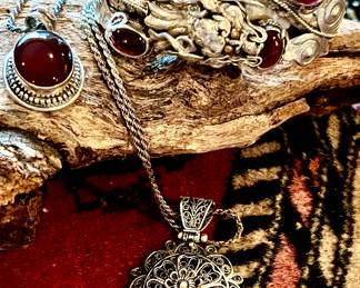 Sterling garnet dragon cuff and necklaces. 