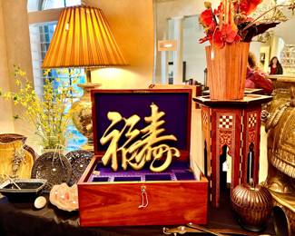 LARGE WOODEN CAMPAIGN SILVERWARE CHEST WITH BRASS ACCENTS.