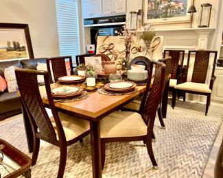 MODERN DINING TABLE, CONTEMPORARY RANCH WITH 2 LEAVES, 10 WOODEN WOVEN BACK CHAIRS WITH CHROME CAPS.
