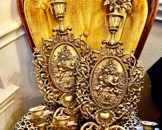 LOVELY VINTAGE HEAVY BRASS CUPID WALL SCONCES WITH FLORAL URNS ON TOP.  OVER 2 FEET LONG.  FANTASTIC PIECES!