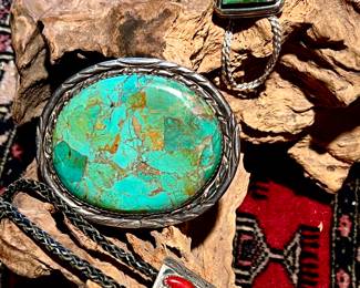 Indian pawn sterling and turquoise signed jewelry. DAVE PINO STERLING TURQUOISE BELT BUCKLE, BENNET STERLING TURQUOISE CORAL BOLO.
