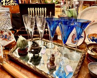 LOVE THE POPS OF BLUE WITH THE FANTASTIC STEMWARE.    BRONZE JAPANESE CENSER