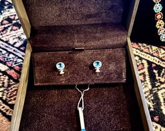 BAILEY BANKS & BIDDLE 14K WHITE GOLD, DIAMONDS, AND BLUE TOPAZ EARRINGS AND NECKLACE.