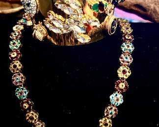 STERLING WITH GEMSTONE FLOWER NECKLACE, CABI RHINESTONE GOLD CUFF.
