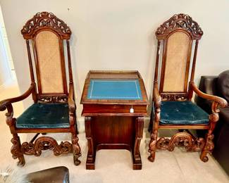 LOVELY ANTIQUE ENGLISH DAVENPORT WITH TWO HEAVILY CARVED ARM CHAIRS.  
