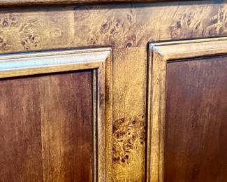 BURLED WALNUT VENEER, QUEEN BED WITH LIKE NEW MATTRESS.