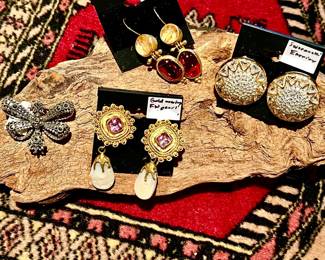 HIGH QUALITY GOLD OVERLAY EARRINGS WITH CITRINE AND FRESH WATER PEARLS, STERLING AND MARCASITE DRAGONFLY, AND SWAROVSKI STUDDED CLIP ON EARRINGS.