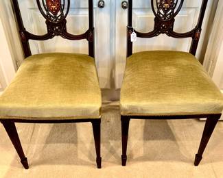 PAIR OF IMMACULATE ENGLISH EDWARDIAN INLAID PETITE CHAIRS.