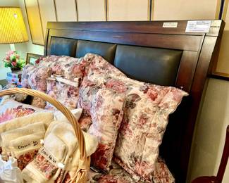 LEATHER PADDED HEADBOARD WITH LIKE-NEW SEALY POSTURE PEDIC MATTRESS.  CROSCILL BEDDING.