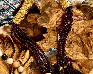 VERMEIL (GOLD OVER SILVER) GARNET BEADED NECKLACE, JADE, ONYX, ETC.  