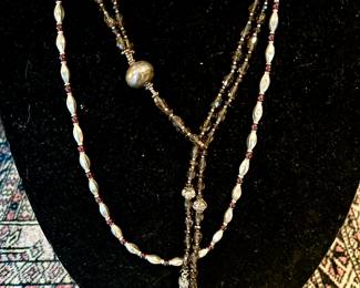 STERLING AND GLASS BEAD NECKLACE, STERLING AND GARNET OLONGATED BEAD NECKLACE.