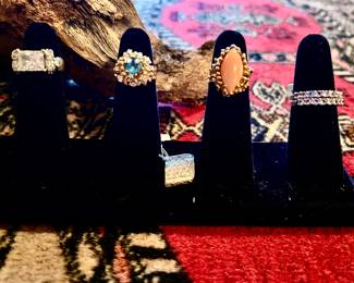 STERLING AND CZ RING, 14K GOLD, DIAMONDS, AND BLUE TOPAZ RING, 14K GOLD AND CORAL RING, STERLING AND CZ RING.