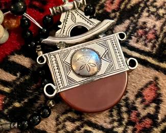 AFRICAN STERLING & JASPER TUAREG PENDANT  WITH BLACK ONYX BEAD NECKLACE.