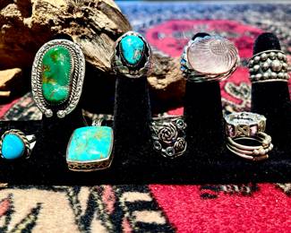 More sterling and turquoise and rose quartz rings.