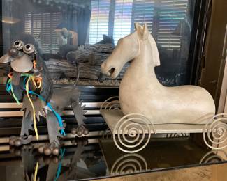 Handmade Heavy Steel Dog. Ceramic horse on metal platform with wheels