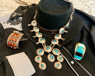Very Old Squash Blossom 341gr 36" 1960's Rayna Platero Secatero signed RPS. Extremely heavy sterling with Mediterranean Red Coral watch cuff Navajo by Al Charley. Both noted Navajo artisans. Inlay 2" turquoise-m.o.p.-jet sterling cuff. Stetson Hat and Vintage Western Shirt