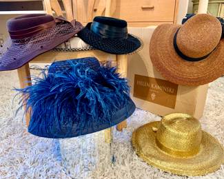 Helen Karminski bronze hat in box, Frank Olive gold hat, Studio Kokin navy blue hat, Joe Bill Miller purple hat, Betmar black hat