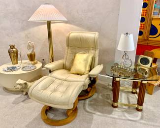 Leather chair and ottoman. Round side table. Churchills boxer. MCM glass table lamp