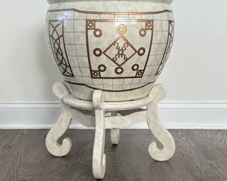 Planter on Stand | Large decorative faux bone planter on stand in glazed ceramic with gilt accented patterns, on a conforming scroll footed stand. - h. 22.25 x dia. 16.75 in (overall, on stand)
