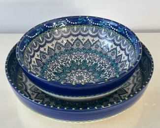 (2pc) Pair Rio Salado Dishes | Two hand painted ceramic serving bowls with blue, green, and white design by Rio Salado. - h. 3.25 x dia. 12.25 in (largest)
