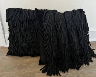 (2pc) Pair Black Tassel Throw Pillows | Black velvet pillow covers with bands of black tassels. - h. 15.5 x w. 15 in