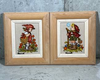 (2pc) Pair Hummel Needlepoints | Vintage Hummel needle point embroideries of a girl and boy, in wooden frames; sight: 7 1/4 x 5 1/2 - h. 12.25 x w. 10.5 in (frame)