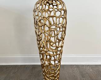 Decorative Floor Vase | Tall gold-colored decorative floor vase of abstract modern design. - h. 33.25 x dia. 13.5 in

