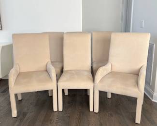 (6pc) dining chairs | Designs for Living by Gil Interior Design dining chairs, overall upholstered in beige ultra suede, including two armchairs and four straight chairs. - h. 41.5 x w. 21.25 x d. 24 in (armchairs)
