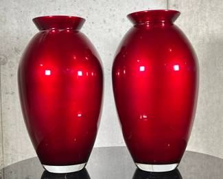 Pair Crate & Barrel Vases | Two large "Red Velvet" vases by Crate & Barrel, made in Italy. - h. 14 1/2 x dia. 5 in (dia. of opening)
