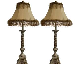 (2pc) Pair Table Lamps | Antique style candlestick-form table lamps with fringed shades. -  h. 34 x dia. 16 in (overall with shade)
