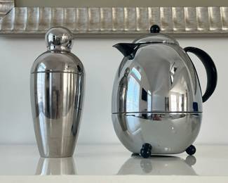 (2pc) Coffee Pot & Cocktail Shaker | Stainless steel chrome cocktail shaker and coffee pot. - h. 9.5 x w. 8.5 in (Coffee pot)