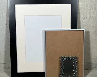 (3pc) Picture Frames | Including a black frame with mat (insert 13.5 x 10.5 in.), a jeweled easel-back frame of small size, and a simple metal frame. - h. 23 1/8 x w. 19 1/8 in (largest overall)
