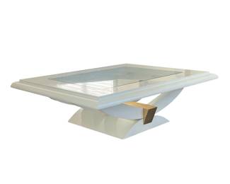 GLASS INSET COFFEE TABLE | Faux marble and gold accented low table of contemporary modern design, having a glass inset top over a gilt curved and angular base. - h. 15.25 x w. 40 x l. 50 in
