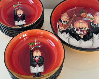 (13pc) Pasta Dish Set | Glazed ceramic dinnerware set, including 12 pasta bowls and a large serving bowl with waiter motif; Certified International "Dinner is Served" by Tracy Flickinger. - h. 4.25 x dia. 13.25 in (largest)
