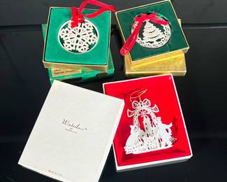 (3pc) Lenox & Other Ornaments | Including a Lenox china snowflake "Snow Star" ornament, a Lenox Yuletide "Christmas Tree" ornament, and a Winterlace by Tamerlane "Village Carolers" ornament. - h. 5 x w. 4.25 in (largest box)
