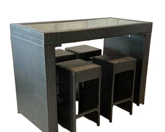 (5pc) Safavieh Patio Bar & Stools | Outdoor patio furniture, including a tall pub table or dining table and four bar stools, with cushions (new and unopened); each stool h. 27.5 x 14 x 14.5 in. - h. 42.25 x w. 58.5 x d. 29 in
