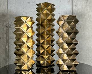 (3pc) Z Gallerie Vases | A set of three geometric accent vases with triangular pattern in gold paint. - h. 16.5 x w. 6 x d. 6 in (tallest)