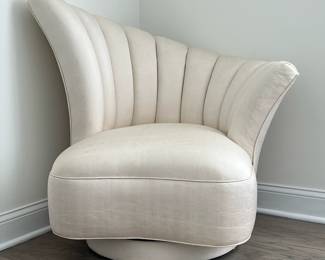 Art Deco Lounge Chair | Vladimir Kagan style fan back chair on a swiveling base, in light cream colored upholstery. - h. 37.5 x w. 40 x d. 31 in
