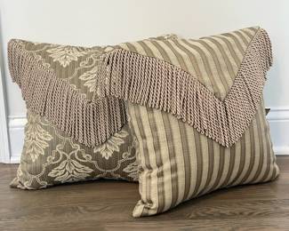 (2pc) Pair Beige Tassel Throw Pillows | Stratford Home reversible accent pillows with striped and leafy pattern and tassels. -  h. 16.5 x w. 16.5 in
