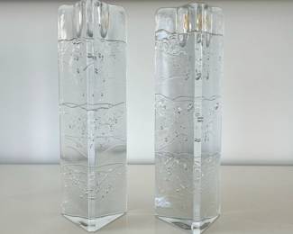 (2pc) Pair Glass Candleholders | Triangular form bubble glass candlestick holders. - h. 9 x w. 2.75 in
