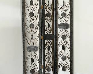 Contemporary Art Floor Screen | Three panel room divider in an abstract style, executed in carved painted wood and metals; each panel w. 20.25 in. - h. 83.5 in

