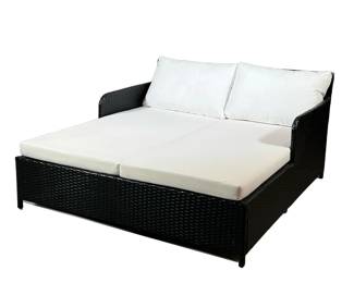 Outdoor Patio Lounger | Large double chaise lounge with double seat cushion, two back pillows, and two unopened throw pillows.  -  h. 28.5 x w. 52.75 x l. 59 in
