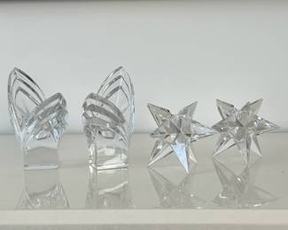 (4pc) Glass Candleholder Pairs | Two pairs of glass candlestick holders, including a pair of star-form holders -  h. 5.25 x w. 2.75 in (tallest)

