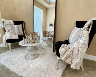 Black Leaning Mirror Black Velvet Chairs
Marble Table Shag rug 
Enesco Birthday Figurines Baby-16years 