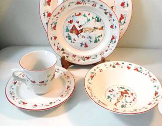 White Christmas 1995 china by Farberware.  Five piece place setting for eight plus extra serving.  