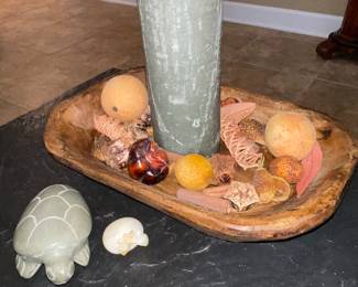 Natural Wood dough bowl
Carved Stone Turtle figures 