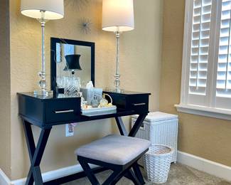 SOLD Vanity table and bench
Crystal Candlestick Lamps
Wicker Hamper and Wastebasket 
