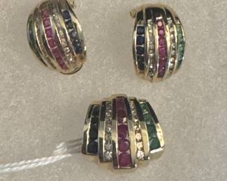 14K Diamond, Ruby and Emerald Pendant and Earring Set